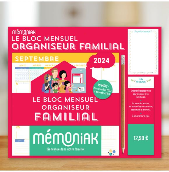 Le Bloc mensuel organiseur familial Mémoniak 2024, calendrier 12 mois  (sept. 2023- août 2024)